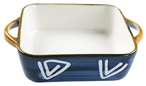 PUFAHAU Fuente para lasaña Grande, Profunda, Rectangular, con asa, pequeña Fuente de cerámica para Horno para una Persona, Fuente de Porcelana para Horno Apta para Horno, Azul, B, 800 ml, 28 oz