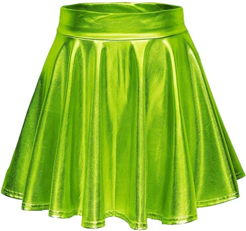 Damen Glänzend Metallisch Rave Party Stretch Skater Mini Rock Hohe Taille Elastischer Plisseerock Pull On Faltenrock XL