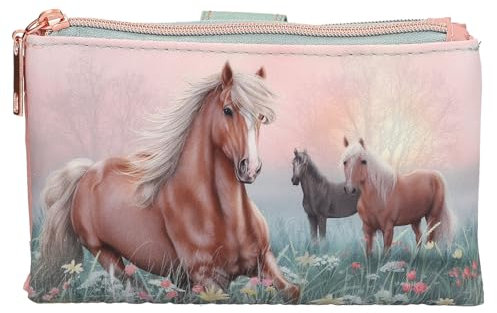 Depesche 13405 Miss Melody Romantic Fields - Portemonnaie in Grün und Rosa, mit Pferde Motiv und Blumenwiese, Geldbörse mit Klettverschluss