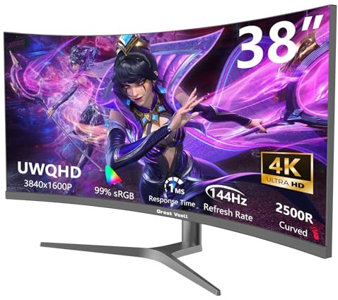 Great Voell Moniteur de jeu 38 pouces 144 Hz, UWQHD 3840 x 1600, 2500R, 1 ms, 99 % sRGB, FreeSync, HDR, anti-bleu, VESA montable, HDMI 2.0, DP 1.4
