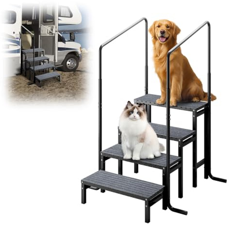 CStern 4 Stufen Wohnmobil-Treppe,Wetterfest rutschfest Trittstufe,Whirlpool Treppen mit 2 Handläufen,Tragkraft 272 kg,4-treppe für Wohnwagen,Camping,Reisemobil,Tragbarer Treppe für Reiseanhänger