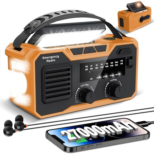 27000mAh Wind Up Radio, Emergency Radio Crank Solar FM/AM, Hand Crank Radio With Reading Lamp/SOS Alarm/3 Mode Flashlight, Solar Powered Radio With Wireless Speakers And Headphone Jack (Orange)
