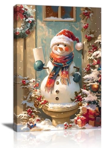 Rot Weihnachten Schneemann in Hut Schal Leinwand Bilder Mit Rahmen, Winter Schneemann auf der Toilette Wandbilder Bild Auf Leinwand Kunstdruck Deko für Bad Wohnzimmer Schlafzimmer Aufhängen 30x40cm
