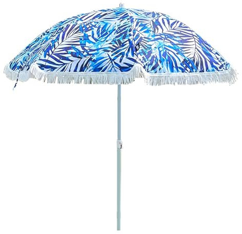 Generisch 160 cm Boho Outdoor Sonnenschirm mit Fransen, Blau Bedruckter Terrassenschirm mit Kippbarem Stahlmast, Tragbarer Strandschirm mit LSF 50+ für Pool, Garten