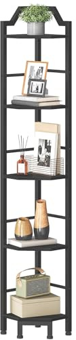 HOOBRO Regal, Bücherregal, Eckregal, 5-stöckiges Standregal, Lagerregal, Vertikaler Ausstellungsständer, Eckbücherregal, für Wohnzimmer, Schlafzimmer, Büro, Küche, Schwarz EBB100CJ01