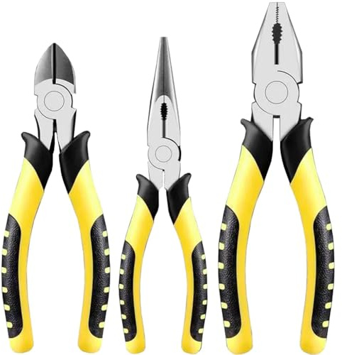 WOWEI Juego de Alicates, Alicates Profesionales 3 Piezas, Alicate de Corte Diagonal de 160 mm, Alicate de Punta Larga de 160mm, Alicate Universales Combinado de 180 mm con Agarre Suave Amarillo 3