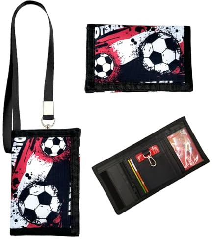 SIRLOMU 1 pezzo rosso Portafoglio triplo pieghevole per bambini e ragazzi, ideale come, con design di calcio, materiale robusto, facile da trasportare, con portachiavi, da appendere al collo,