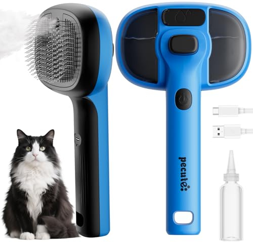 pecute Katzenbürste mit Dampf, Multifunktionale Katze Steamy Brush | Katzenbürste mit Spray Große Kapazität Wassertank, Dampfbürste Massage Kamm für Langhaar Hunde Katz, Nur Kühler Nebel (Blau)