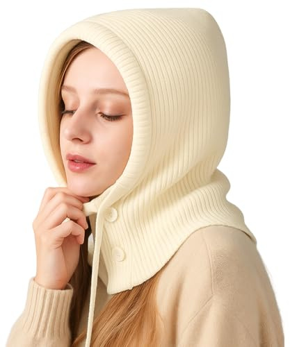 OIXEYA Wintermützen für Damen, Balaclava Strickmützen, Sturmhaube mit Kordelzug Warmer Kapuzenschal Mütze
