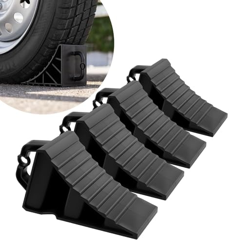 PORFOYO Lot De 4 Cale Roue De Voiture: Cales De Roue en Plastique avec Poignée, Design Rugueux, Bloc Antidérapant De Voiture, Cales De Remorque pour Caravane, Remorque, Voitures, Camping-Car (Noir)