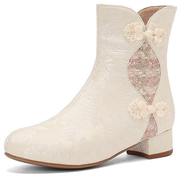 LDXEQIZ Stivali Cinesi Cheongsam Stivaletti Tradizionali da Donna con Ricami Floreali Stivaletti Eleganti con Tacco Scarpe alla Caviglia Taglie Forti, 36-43 EU(Beige,37 EU)