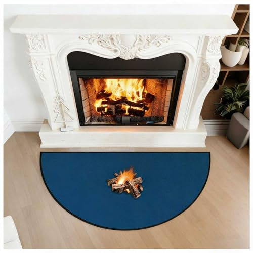 Tapis de Cheminée Ignifuge, Tapis de Foyer Demi-Rond, Tapis de Cheminée Double Face pour Foyer Extérieur, Tapis pour Barbecue Extérieur, Poêle, Fumeur,Bleu,51x102cm
