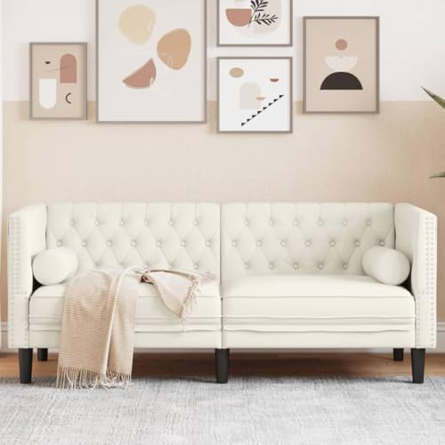 Bucmath Chesterfield Sofa 2-Sitzer, Creme Samt, mit Nackenrollen, Komfortabel, Wohnzimmer Möbel, 174 cm Breit