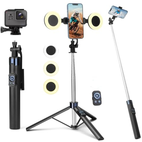 Perche à selfie trépied 180 cm avec 2 lumières de remplissage, support de téléphone portable en métal avec télécommande, trépied pour smartphone compatible avec iPhone et smartphones Android