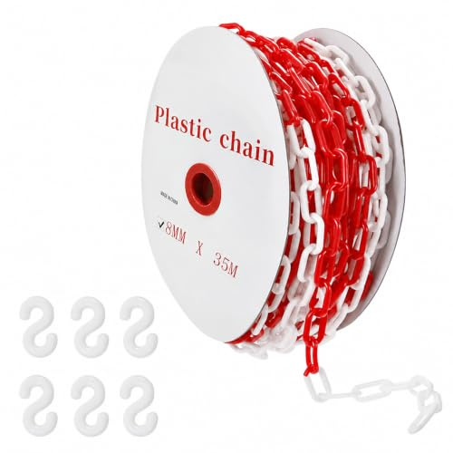 Cadena de seguridad de plástico rojo y blanco, 8 mm x 35 m, cadena de advertencia, cadena de plástico con 6 ganchos en S, cadenas de barrera para obras, aparcamientos, colas y cuidado de pedidos
