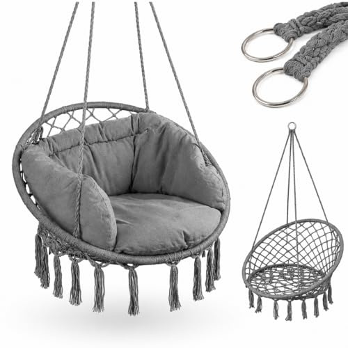 DECCART Hängesessel Kinderzimmer Grau | Makramee mit Kissen Runder Hängestuhl aus Baumwolle Boho Hängesitz stabile Metallringe hängender Sessel für Wohnzimmer Balkon