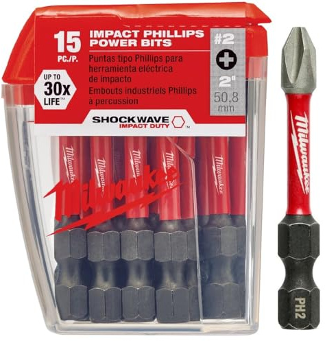 MILWAUKEE Elektrowerkzeug 48-32-5004 Shockwave 5,1 cm Power Bit Phillips #2 15-teiliges Bauunternehmer-Pack