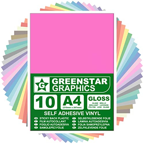 GREENSTAR GRAPHICS A4 VINYLFOLIE SELBSTKLEBENDEFOLIE (10 BLÄTTER) Bastelfolie, Plotterfolie, Dekorfolie, Kunsthandwerk, Hobbys und Aufkleber, Kompatibel mit Schneideplotter (ROSA GLÄNZENDE A4)