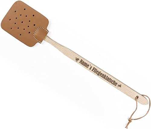 Cera & Toys® Fliegenklatsche Leder mit Holzgriff und Gravur des Namens - Verschiedene Motive (Fliegenklatsche)