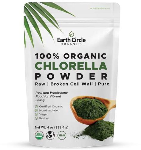 Earth Circle Organics Organic Chlorella Powder | Vegan, Kosher, Broken Cell Wall, High in Protein, Fiber & Chlorophyll | Super Green Algae, Clean, Non-GMO – 4 Ounce (Pack of 1)