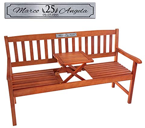 Casa Vivente Friesenbank aus Holz mit Gravur zur Silbernen Hochzeit, 25 Jahre Ehe, Personalisiert mit Namen und Datum, Aufklappbarer Tisch, Silberne Plakette