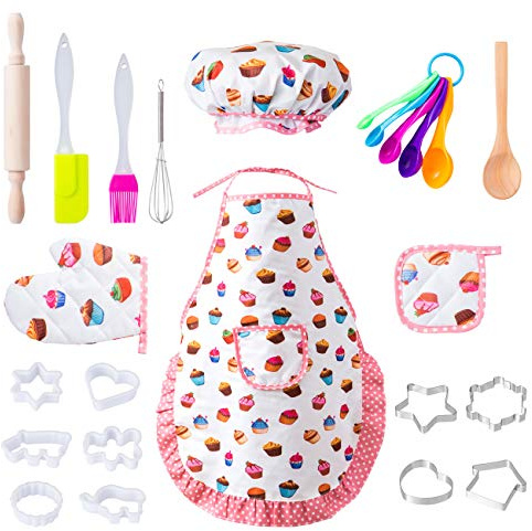 LIHAO 20 x Kochset Kinder süßes Backset Küchenspielzeug Set Zubehör Schürze mit Kochmütze Topfhandschuhe Topflappen Ausstechform als Kinderküche Geschenk (Mehrweg)