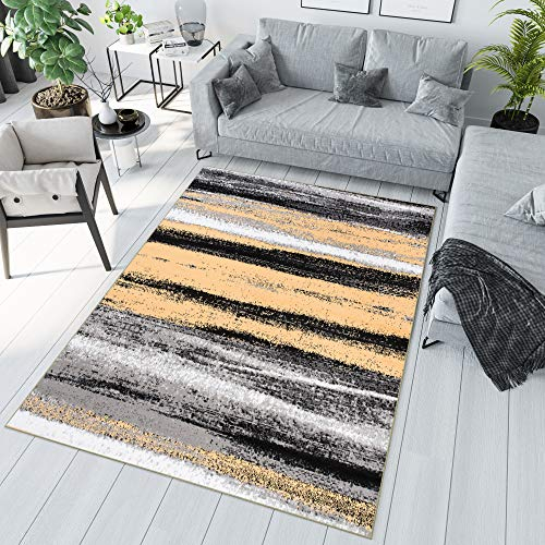 TAPISO Maya Teppich Kurzflor Modern Grau Gelb Creme Schwarz Streifen Design Verwischt Meliert Wohnzimmer Schlafzimmer ÖKOTEX 80 x 150 cm