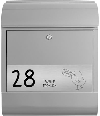 banjado Briefkasten personalisiert mit graviertem Namensschild in Edelstahl - Wandbriefkasten Silber - Postkasten mit Hausnummer, Namen & Motiv Liebesbrief - Briefkasten mit Zeitungsfach