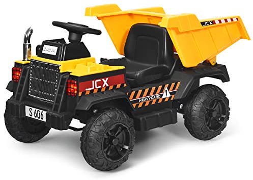 GYMAX Bulldozer Elettrica, Escavatore Cavalcabile a Batteria con Telecomando, Luci/Musica/Radio, USB/Bluetooth, Sedile Ergonomico con Cintura, Benna Ribaltabile e Velocità 5km/h