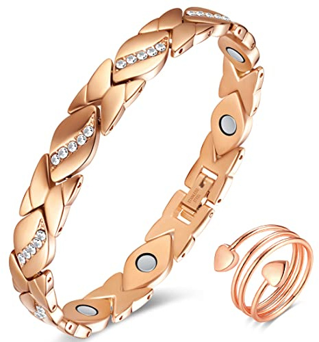 Vicmag Lymphdrainage Titan Magnetarmband Damen Titanstahl Magnetische Armband für Frauen Armbänder Ultrastarke Magnete Geschenkbox mit Entfernungswerkzeug (RoseGold Kristall-X-Form)