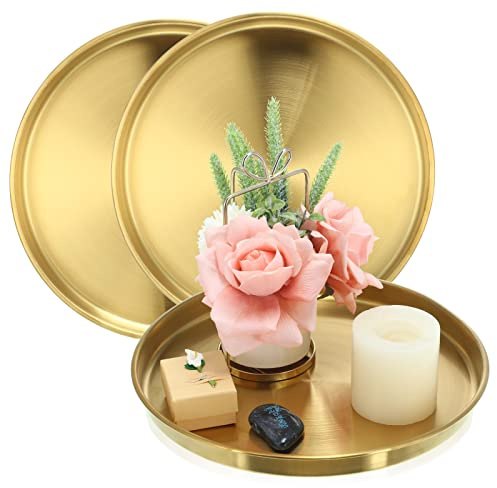 Thenshop 3 Pcs Gold Serving Tray, Stainless Steel Round Decorative Vanity Plates, Jewelry Makeup Organizer, Reusable Food Display Dish for Gift, Wedding, Christmas, Bathroom, Coffee Table (12 Inch)