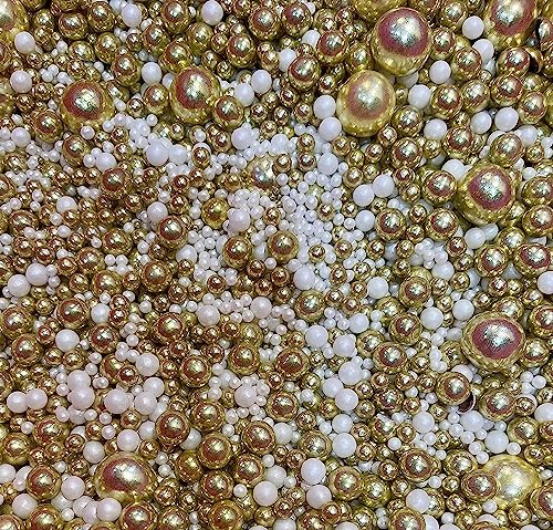Metallic/Shimmer Balls Edible Cupcake Cake Topper Sprinkles (35g Pouch) (White & Gold) (35g)