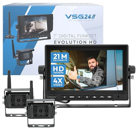 VSG24 9“ Evolution HD XL Funk Rückfahrsystem für Wohnmobil & LKW, KFZ Set kabellos inkl. 2X Rückfahrkamera + Monitor, einfach zum DIY Nachrüsten 12V-24V, Kamera digital, Auto Rückspiegel Einparkhilfe