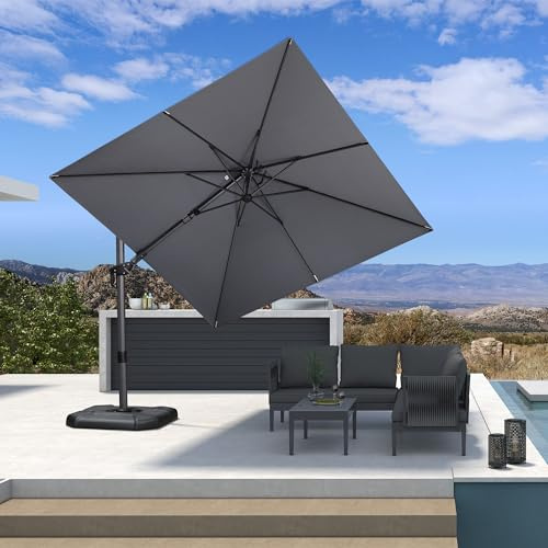 PURPLE LEAF Ampelschirm Twist 270 x 270 cm, Kippbar Sonnenschirm, Gartenschirm mit Kurbel, Gestell Aluminium, Beidseitig Axial Schwenken, 360°Rotation, UV-beständig, Hellgrau