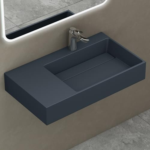 doporro Waschbecken 75x43x14cm mit verstecktem Ablauf matt Anthrazit eckig | waschtisch aus Mineralguss als Aufsatzwaschbecken & Hängewaschbecken geeignet, robust & leicht zu reinigen,Colossum12-R