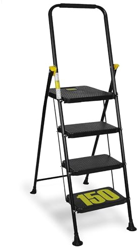 Scala Scaletta Pieghevole 4 Gradini, Bianco con Blocco di Sicurezza, testata fino ad una Portata di 250 kg con Ampio Pedale Antiscivolo, Corrimano a Norma, Sgabello per Cucina Casa Ufficio