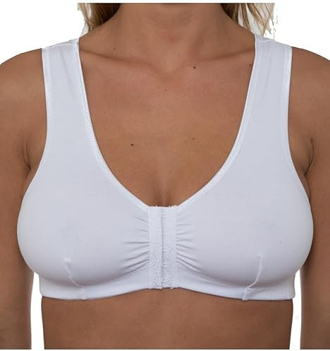 Gemm Women's Front Fastening Mastectomy Bras with Pockets Non Wired Soft Cotton White
