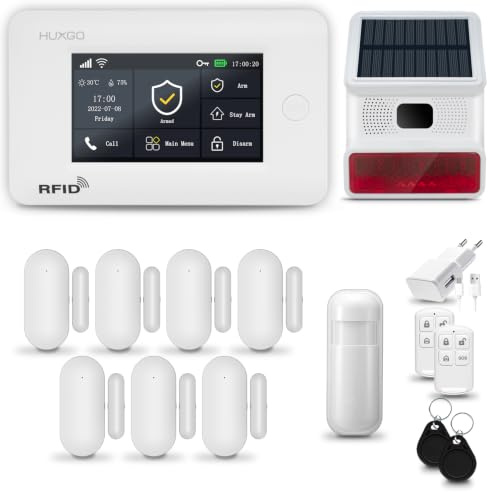 HUXGO® HXA006 Funk Alarmanlage Set WiFi + GSM 4G mit Solar Alarmsirene | Alarm System mit Bewegungsmelder, 7X Fensteralarm/Türsensoren | Alarmanlage fürs Haus, Wohnung, Wohnmobil | Smart Home