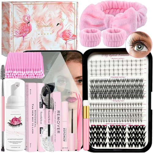 QUKLOGEN Kit d'extensions de cils DIY - 212 pièces - Colle et dissolvant - Pince à épiler - Brosse à shampoing - Brosse à cils - Applicateur
