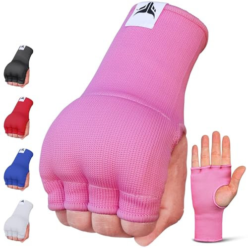 Mytra Fusion sous Gants Boxe Rembourré en Gel Élastique Bande sans Longues Bretelles Hommes et Femmes pour MMA, Muay Thai, Kickboxing, Punching et Arts Martiaux (Pink, S/M)