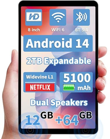 HAOVM M8 Android 15 Tablet 8 inch,8 core CPU,12GB+64GB,2TB Expandable,HD IPS Display,Widevine L1,Wi-Fi 6,BT5.4,5MP+8MP Camera,5100mAh Large Battery,Tablet for Kids,Black
