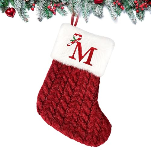 Christmas Stockings 7.9 inch Personalised Knitted Stocking with Letter Monogram Xmas Stockings Red Christmas Stockings Plush Cuff Hanging Stockings Gifts Holding for Xmas Tree Holiday Ornament (M)