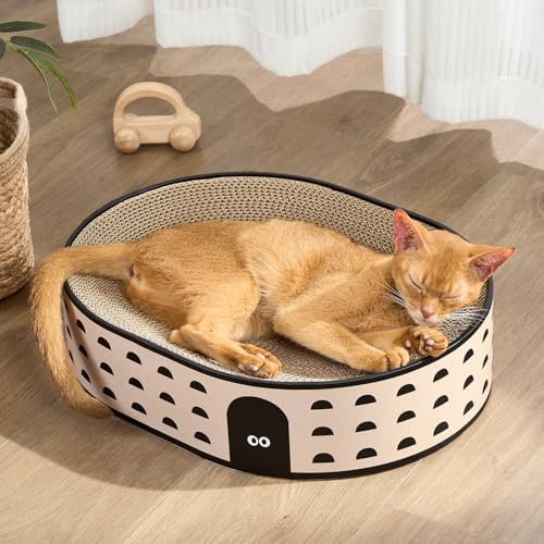 Conlun Katzen-Kratzbrett, Ovales Kratzpappe für Katzen, 2-in-1 Design aus Naturkarton, Kratzsofa-Lounge mit geschlossenem Krümelboden,Sofort nutzbar – Keine Montage,Stylische Farben für jedes Zuhause