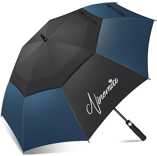 NINEMAX 68inch Golfparaply Dubbelt Tak Vindtätt,Extra Stort Golfparaply Regnsäkert med Rem för Män Kvinnor Familj(Svart/Mörkblå)