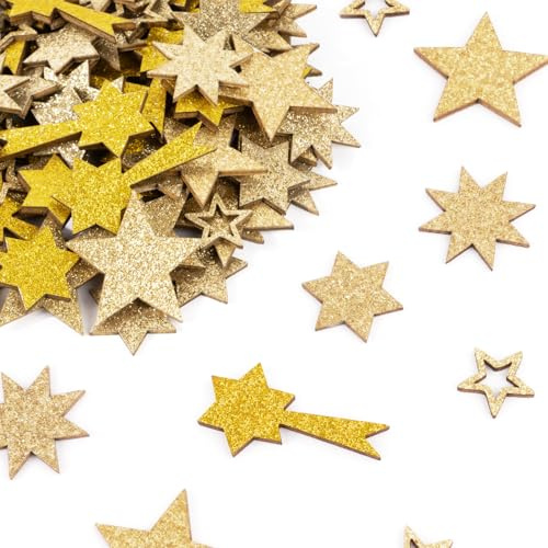BOFUNX 101 Stücke Sterne Streudeko Mini Holzsterne Glitzer Sterne Deko Gold Sterne Konfetti für Adventskranz Weihnachten Deko Tischdeko DIY Handwerk