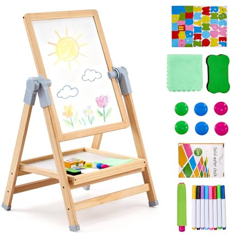 VEVOR Chevalet d'Art Enfants 2-en-1 Tableau Magnétique Blanc Noir Double Face, Planche à Dessin en Bois Amovible Rotative Réglable avec Accessoires, pour Créativité, Gribouillage, Garçons, Filles