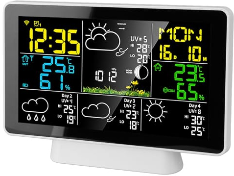 Greensen Estación Meteorológica por Radio, Reloj Meteorológico Inteligente de 7,5 Pulgadas con Pantalla a Color, Temperatura, Humedad, Alarma y Radio, Estación Meteorológica Inalámbrica
