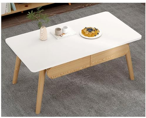 OOMRNV 47,2 Zoll großer Beistelltisch, Couchtisch aus massivem Holz mit 2 Schubladen, weißer Wohnzimmertisch, Beistelltisch mit wasserfester Oberfläche, stabilen Tischbeinen u,White-b-120x60x45cm