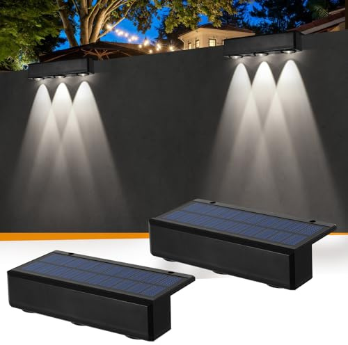 Wowlela Solar Außenwandleuchten, 2er Set, Kaltweiß, 2 Beleuchtungsmodi, Wasserdichte Gartenlampen für Zaun, Hof, Garage, Terrasse