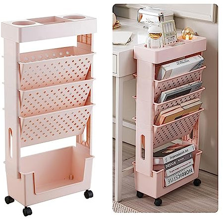 Rollwagen mit 5 Etagen, rosa mit mobilem Rollwagen für Mehrzweck-Bücherregal
